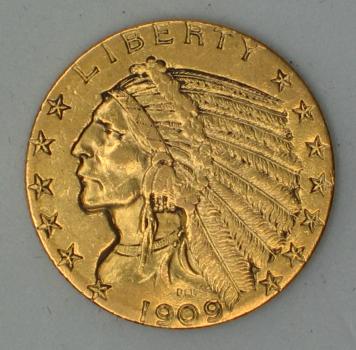 5$ US "Indian Head" 1909 USA 900er Gold