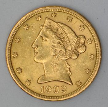 5$ US "Liberty Head" 1902 "Half Eagle" USA 900er Gold "S" San Francisco