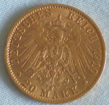 Preview: 20 Mark "Wilhelm II", Reichsgold, Goldmark 1910, Deutsches Reich, 900er Gold, Berlin