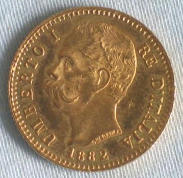 20 Lire "Umberto I" 1882 Italien 900er Gold