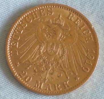 Preview: 20 Mark "Wilhelm II", Reichsgold, Goldmark 1910, Deutsches Reich, 900er Gold, Berlin