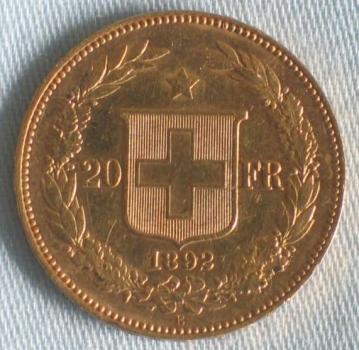 20 Franken SFRS "Helvetia" (Vreneli) Schweiz 1892