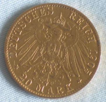 Preview: 20 Mark "Wilhelm II", Reichsgold, Goldmark 1905, Deutsches Reich, 900er Gold, Berlin