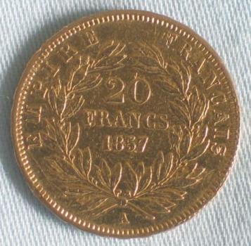 20 Francs "Napoleon III "1857" "A" Frankreich 900er Gold