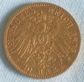 20 Mark "Wilhelm II", Reichsgold, Goldmark 1895, Deutsches Reich, 900er Gold, Berlin