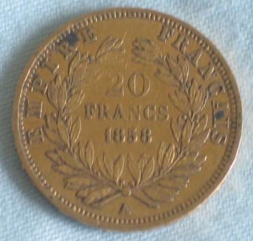 20 Francs "Napoleon III" 1858 "A" Frankreich 900er Gold
