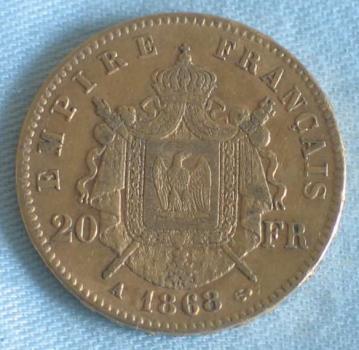 20 Francs "Napoleon III" 1868 "A" Frankreich 900er Gold