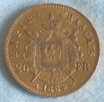 20 Francs "Napoleon III" 1864 "A" Frankreich 900er Gold