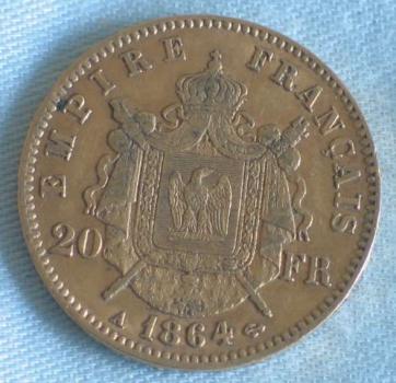 20 Francs "Napoleon III" 1864 "A" Frankreich 900er Gold