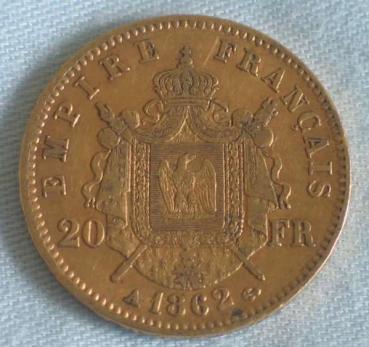 20 Francs "Napoleon III" 1862 "A" Frankreich 900er Gold