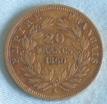 20 Francs "Napoleon III" 1860 "A" Frankreich 900er Gold
