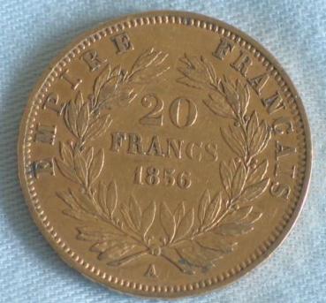20 Francs "Napoleon III" 1856 "A" Frankreich 900er Gold