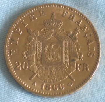 20 Francs "Napoleon III" 1866 "A" Frankreich 900er Gold