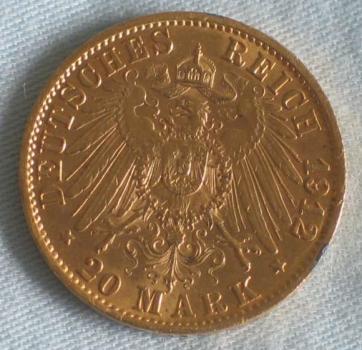 Preview: 20 Mark "Wilhelm II", Reichsgold, Goldmark 1912, Deutsches Reich, 900er Gold, Berlin