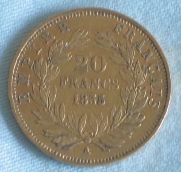 20 Francs "Napoleon III" 1855 "A" Frankreich 900er Gold