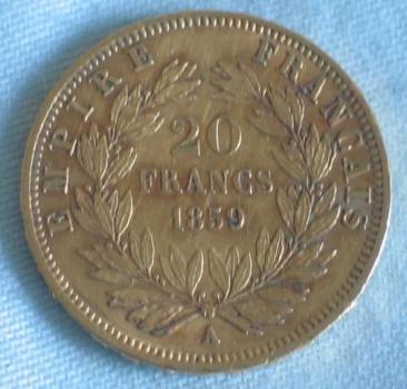 20 Francs "Napoleon III" 1859 "A" Frankreich 900er Gold