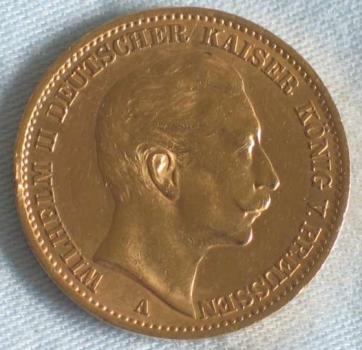 20 Mark "Wilhelm II", Reichsgold, Goldmark 1910, Deutsches Reich, 900er Gold, Berlin