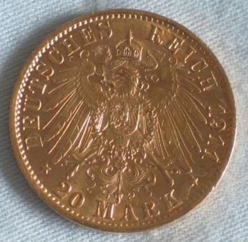Preview: 20 Mark "Wilhelm II", Reichsgold, Goldmark 1911, Deutsches Reich, 900er Gold, Berlin