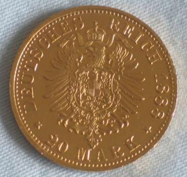 Preview: 20 Mark "Friedrich von Preussen", Reichsgold, Goldmark 1888, Deutsches Reich, 900er Gold, Berlin