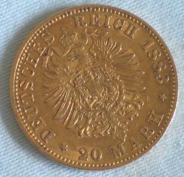 Preview: 20 Mark "Wilhelm von Preussen", Reichsgold, Goldmark 1883, Deutsches Reich, 900er Gold, Berlin