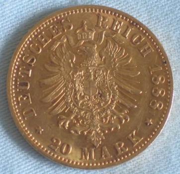 Preview: 20 Mark "Friedrich von Preussen", Reichsgold, Goldmark 1888, Deutsches Reich, 900er Gold, Berlin