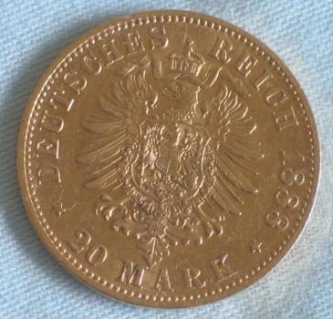 Preview: 20 Mark "Friedrich von Preussen", Reichsgold, Goldmark 1888, Deutsches Reich, 900er Gold, Berlin