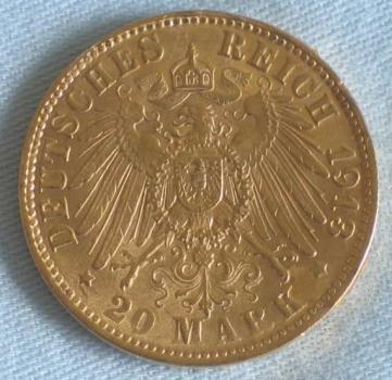 Preview: 20 Mark "Wilhelm II", Reichsgold, Goldmark 1913, Deutsches Reich, 900er Gold, Berlin
