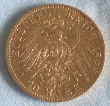 Preview: 20 Mark "Wilhelm II", Reichsgold, Goldmark 1898, Deutsches Reich, 900er Gold, Berlin