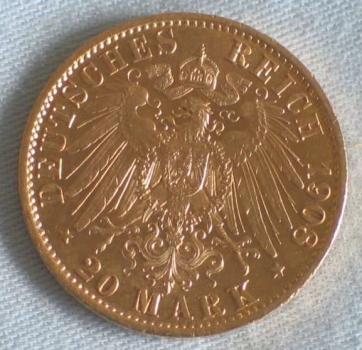 Preview: 20 Mark "Wilhelm II", Reichsgold, Goldmark 1908, Deutsches Reich, 900er Gold, Berlin