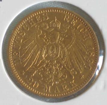 Preview: 20 Mark "Wilhelm II", Reichsgold, Goldmark 1890, Deutsches Reich, 900er Gold, Berlin