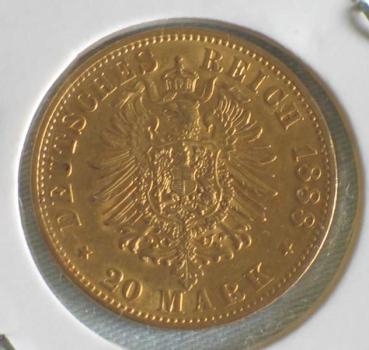 Preview: 20 Mark "Friedrich von Preussen", Reichsgold, Goldmark 1888, Deutsches Reich, 900er Gold, Berlin