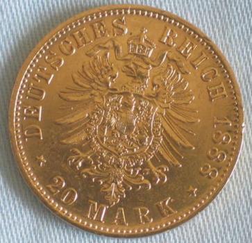 Preview: 20 Mark "Friedrich von Preussen", Reichsgold, Goldmark 1888, Deutsches Reich, 900er Gold, Berlin