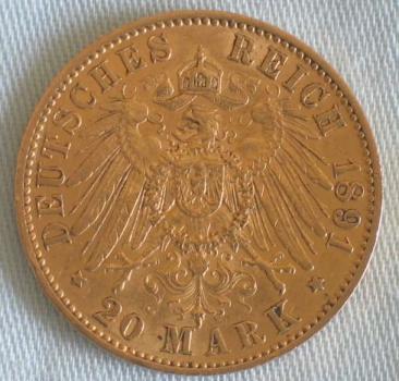 Preview: 20 Mark "Wilhelm II", Reichsgold, Goldmark 1891, Deutsches Reich, 900er Gold, Berlin