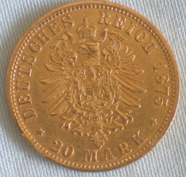 Preview: 20 Mark "Wilhelm von Preussen", Reichsgold, Goldmark 1875, Deutsches Reich, 900er Gold, Berlin