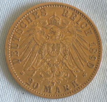 Preview: 20 Mark "Wilhelm II", Reichsgold, Goldmark 1890, Deutsches Reich, 900er Gold, Berlin