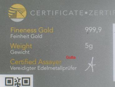 5 Gramm Goldbarren "PIM" 999,9 Feingold im Blister