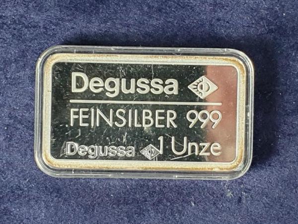 Historischer Degussa Silberbarren 1 oz, Feinsilber 999 in OVP, Rückseitenmotiv: 700 Jahre Düsseldorf (2)