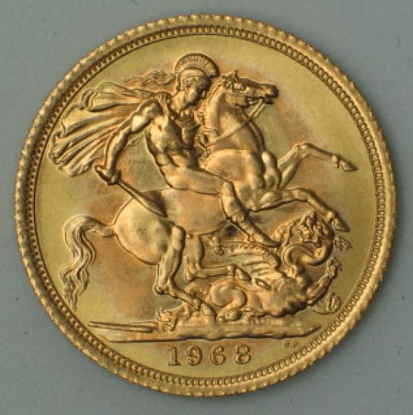 Sovereign "Elisabeth II" 1968, "Haarband", Großbritannien, 916,7 Gold, London