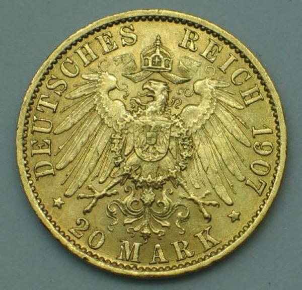 20 Mark "Wilhelm II", Reichsgold, Goldmark 1907, Deutsches Reich, 900er Gold, Berlin