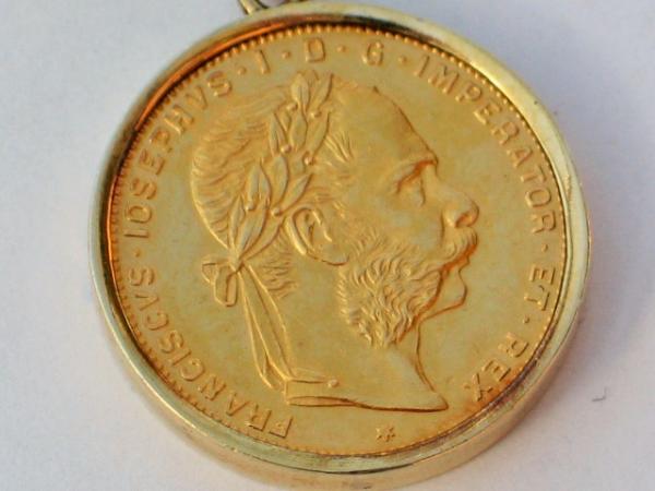 Münzanhänger/Brosche 8 Florins / 20 Francs - Franz Joseph I 900er Gold Jahrgang 1892