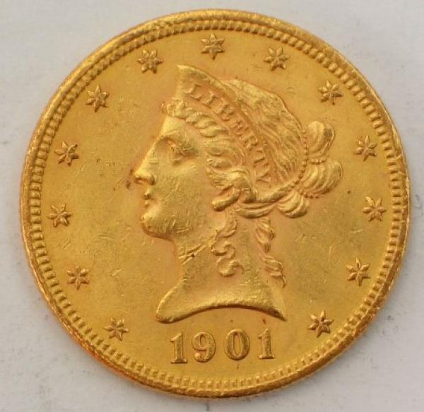 10$ US "Coronet Head" 1901 "Eagle" USA 900er Gold, Philadelphia