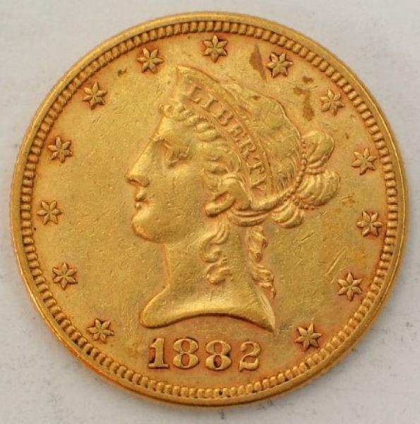 10$ US "Coronet Head" 1882 "Eagle" USA 900er Gold, Philadelphia