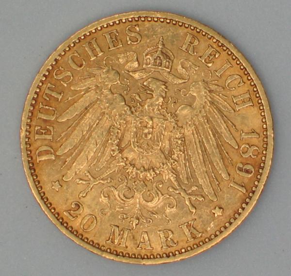 20 Mark "Wilhelm II", Reichsgold, Goldmark 1891, Deutsches Reich, 900er Gold, Berlin