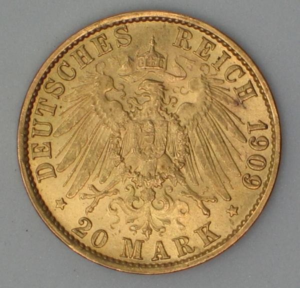 20 Mark "Wilhelm II", Reichsgold, Goldmark 1909, Deutsches Reich, 900er Gold, Berlin