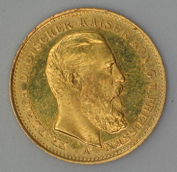 20 Mark "Friedrich von Preussen", Reichsgold, Goldmark 1888, Deutsches Reich, 900er Gold, Berlin