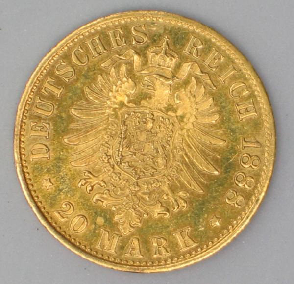 20 Mark "Friedrich von Preussen", Reichsgold, Goldmark 1888, Deutsches Reich, 900er Gold, Berlin