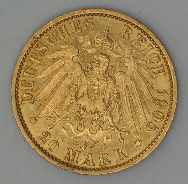 20 Mark "Wilhelm II", Reichsgold, Goldmark 1905, Deutsches Reich, 900er Gold, Berlin