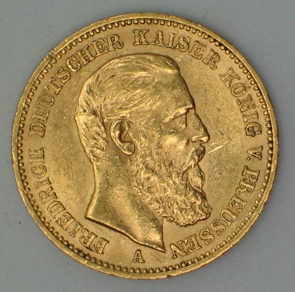 20 Mark "Friedrich von Preussen", Reichsgold, Goldmark 1888, Deutsches Reich, 900er Gold, Berlin