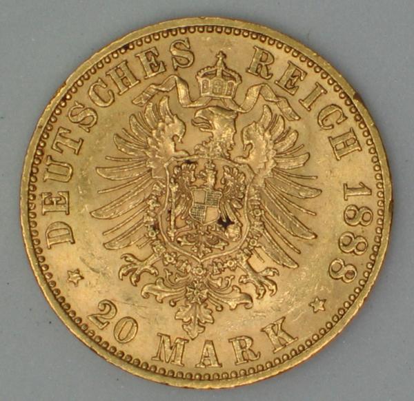 20 Mark "Friedrich von Preussen", Reichsgold, Goldmark 1888, Deutsches Reich, 900er Gold, Berlin