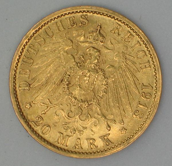 20 Mark "Wilhelm II", Reichsgold, Goldmark 1913, Deutsches Reich, 900er Gold, Berlin